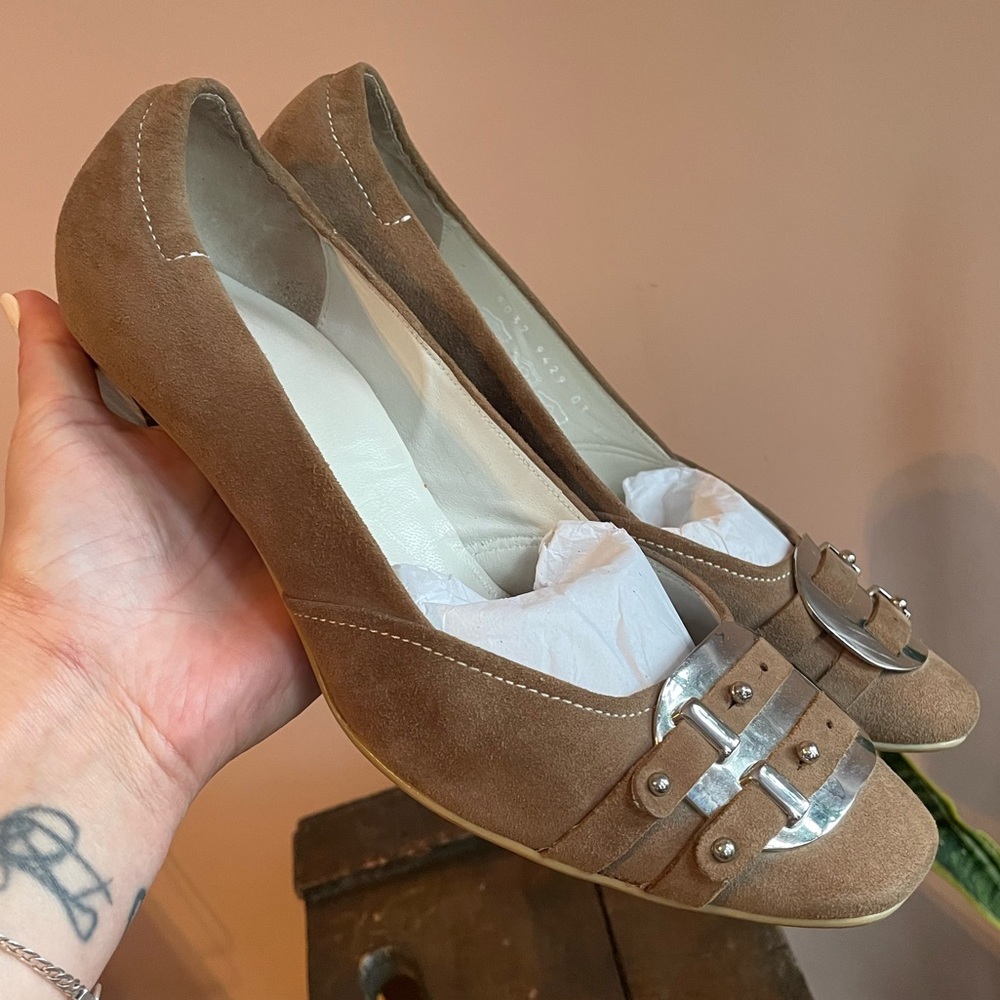 Vintage Light Brown Suede 'Hogl' Wood Stacked Heel Pumps